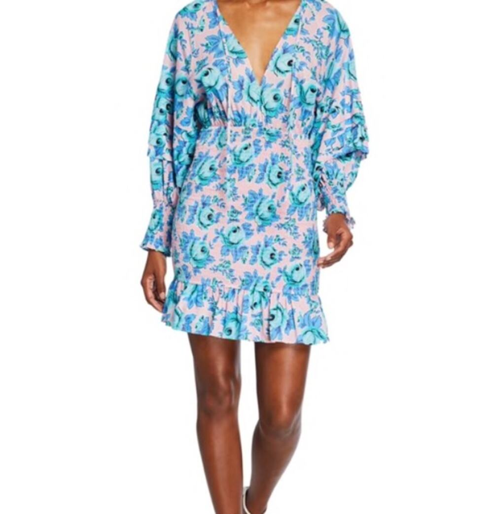 RHODE Anya Smocked Floral Mini Dress Medium Blue Pink Puff Sleeve